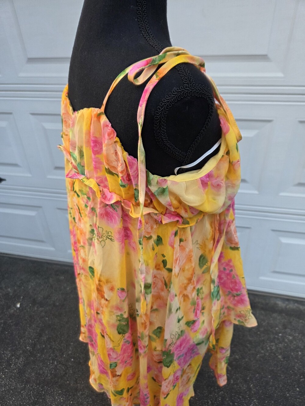 Boutique Yellow Floral Chiffon Mini Dress Tie Strap Ruffle Layered Size L - Picture 4 of 11